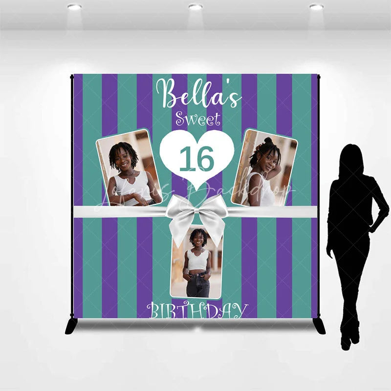 Lofaris Personalized Sweet 16 Birthday Photo Backdrop Custom Name Purple and Green Striped Party Banner