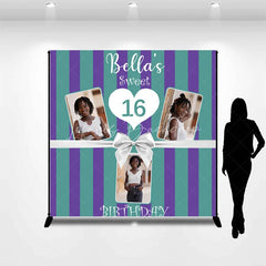 Lofaris Personalized Sweet 16 Birthday Photo Backdrop Custom Name Purple and Green Striped Party Banner