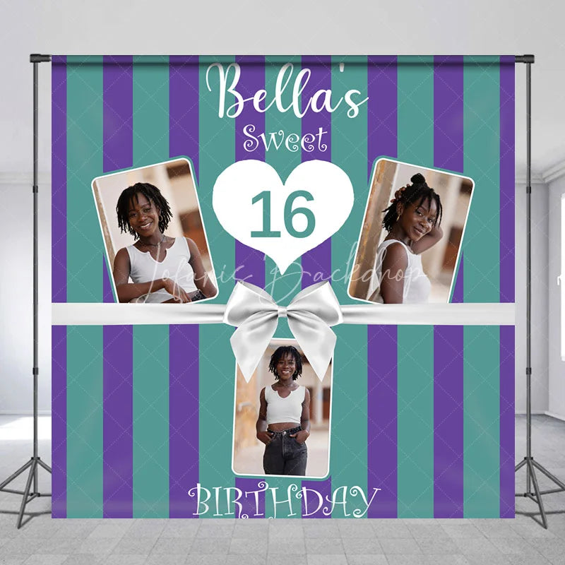 Lofaris Personalized Sweet 16 Birthday Photo Backdrop Custom Name Purple and Green Striped Party Banner