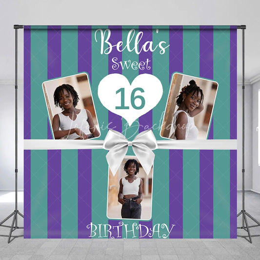 Lofaris Personalized Sweet 16 Birthday Photo Backdrop Custom Name Purple and Green Striped Party Banner