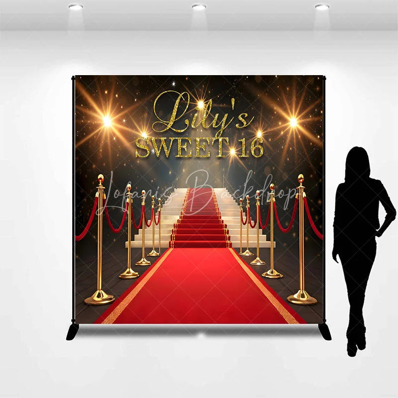 Lofaris Personalized Sweet 16 Custom Birthday Backdrop Red Carpet Hollywood Glamour and Gold Glitter Decoration