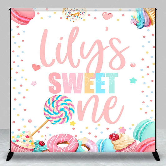 Lofaris Personalized Sweet One First Birthday Custom Backdrop Pastel Candy Dessert Theme with Macarons and Donuts