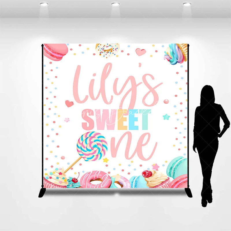 Lofaris Personalized Sweet One First Birthday Custom Backdrop Pastel Candy Dessert Theme with Macarons and Donuts