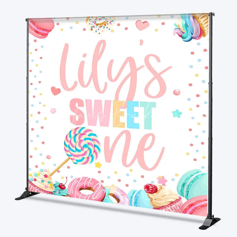 Lofaris Personalized Sweet One First Birthday Custom Backdrop Pastel Candy Dessert Theme with Macarons and Donuts