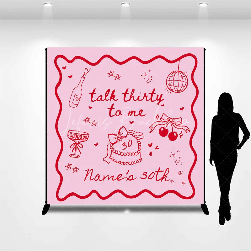 Lofaris Personalized Talk Thirty to Me 30th Birthday Backdrop Red Doodles and Cherries on Pink Background Custom Name Party Decor