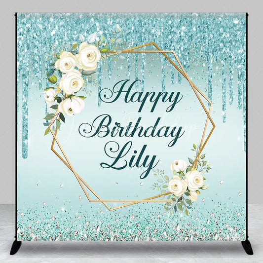 Lofaris Personalized Teal Glitter Happy Birthday Custom Backdrop Elegant Gold Geometric Frame with White Roses Decor
