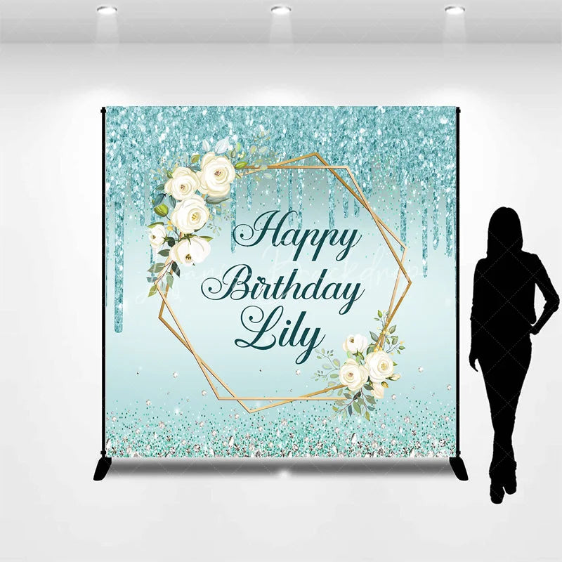 Lofaris Personalized Teal Glitter Happy Birthday Custom Backdrop Elegant Gold Geometric Frame with White Roses Decor