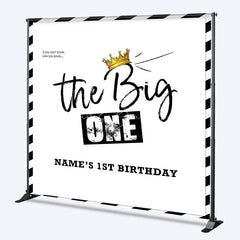 Lofaris Personalized The Big One 1st Birthday Backdrop Black and White Stripes with Gold Crown Party Background
