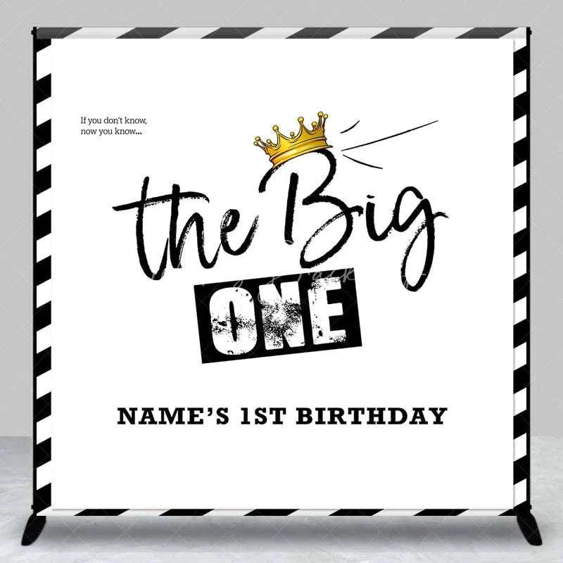 Lofaris Personalized The Big One 1st Birthday Backdrop Black and White Stripes with Gold Crown Party Background