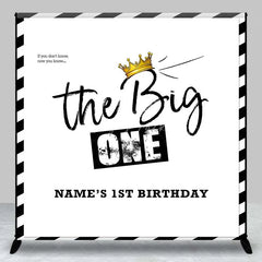 Lofaris Personalized The Big One 1st Birthday Backdrop Black and White Stripes with Gold Crown Party Background