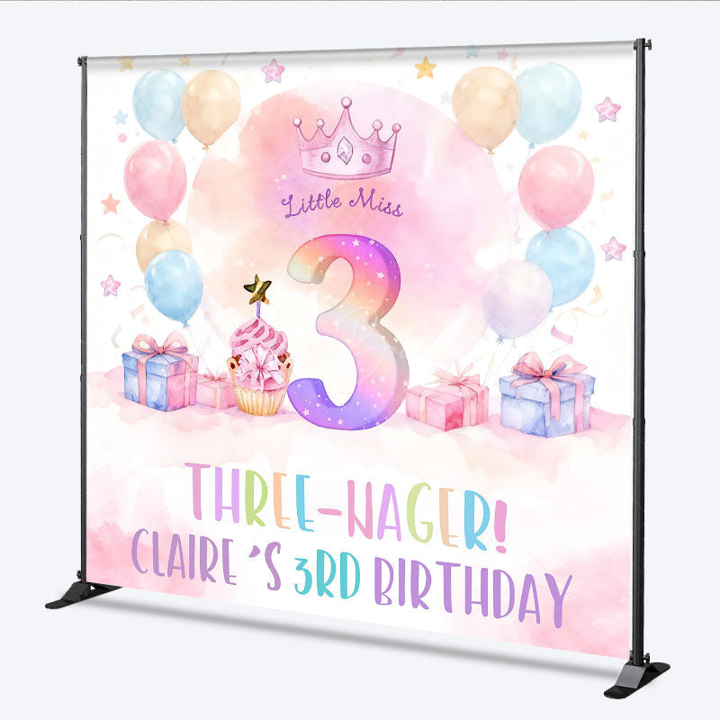 Lofaris Personalized Three-nager 3rd Birthday Backdrop Little Miss Three with Pastel Balloons Custom Name Party Decor