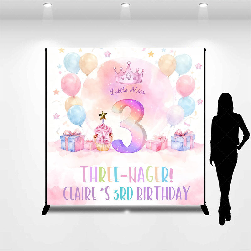 Lofaris Personalized Three-nager 3rd Birthday Backdrop Little Miss Three with Pastel Balloons Custom Name Party Decor