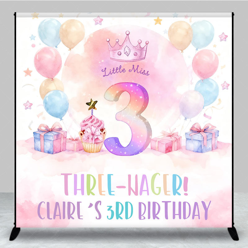 Lofaris Personalized Three-nager 3rd Birthday Backdrop Little Miss Three with Pastel Balloons Custom Name Party Decor