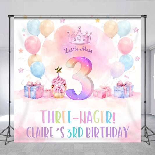 Lofaris Personalized Three-nager 3rd Birthday Backdrop Little Miss Three with Pastel Balloons Custom Name Party Decor