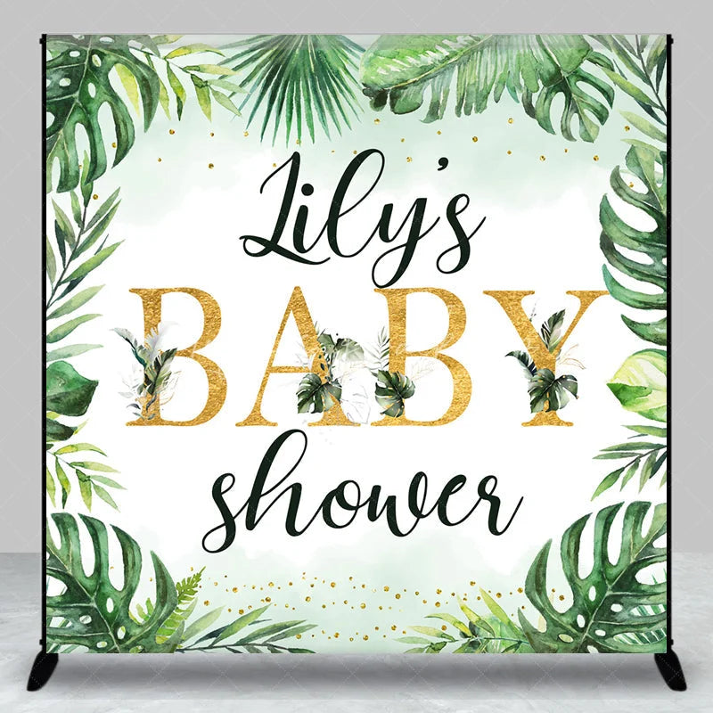 Lofaris Personalized Tropical Baby Shower Backdrop Wild Jungle with Greenery and Gold Custom Name Safari Party Decor