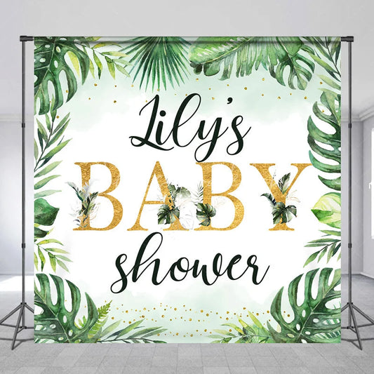 Lofaris Personalized Tropical Baby Shower Backdrop Wild Jungle with Greenery and Gold Custom Name Safari Party Decor