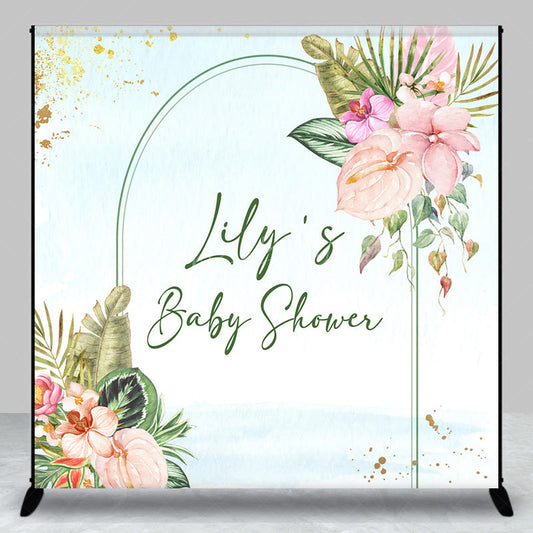 Lofaris Personalized Tropical Floral Baby Shower Backdrop Aloha Luau Palm Leaves and Anthurium Theme Custom Name Arch Banner