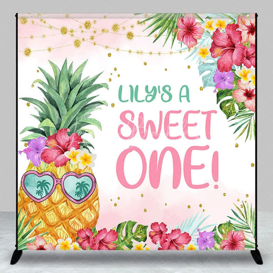Lofaris Personalized Tropical Pineapple Sweet One Backdrop with Hibiscus Flowers and Palm Leaves First Birthday Party Decor