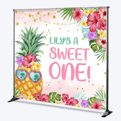 Lofaris Personalized Tropical Pineapple Sweet One Backdrop with Hibiscus Flowers and Palm Leaves First Birthday Party Decor