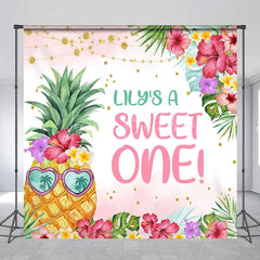Lofaris Personalized Tropical Pineapple Sweet One Backdrop with Hibiscus Flowers and Palm Leaves First Birthday Party Decor