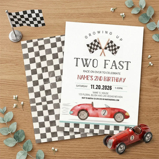 Lofaris Personalized Two Fast Racing Car 2nd Birthday Invitation Custom Checkered Flag Party Decor for Boys