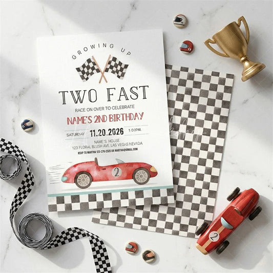 Lofaris Personalized Two Fast Racing Car 2nd Birthday Invitation Custom Checkered Flag Party Decor for Boys