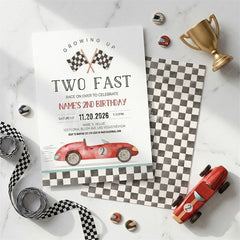Lofaris Personalized Two Fast Racing Car 2nd Birthday Invitation Custom Checkered Flag Party Decor for Boys