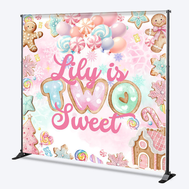 Lofaris Personalized Two Sweet 2nd Birthday Backdrop Candyland Gingerbread and Lollipop Theme Winter Shoppe Party Decor