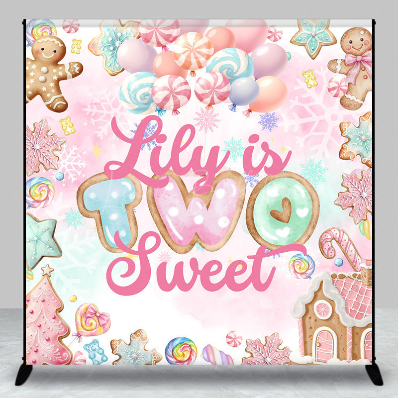 Lofaris Personalized Two Sweet 2nd Birthday Backdrop Candyland Gingerbread and Lollipop Theme Winter Shoppe Party Decor