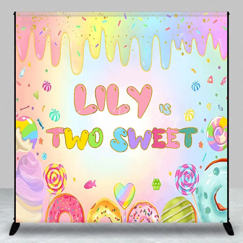 Lofaris Personalized Two Sweet Candy World Backdrop Custom Name Pastel Rainbow Donut Party Banner