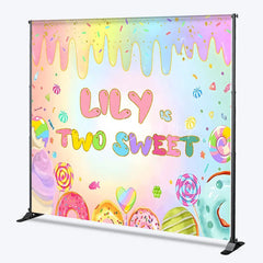 Lofaris Personalized Two Sweet Candy World Backdrop Custom Name Pastel Rainbow Donut Party Banner