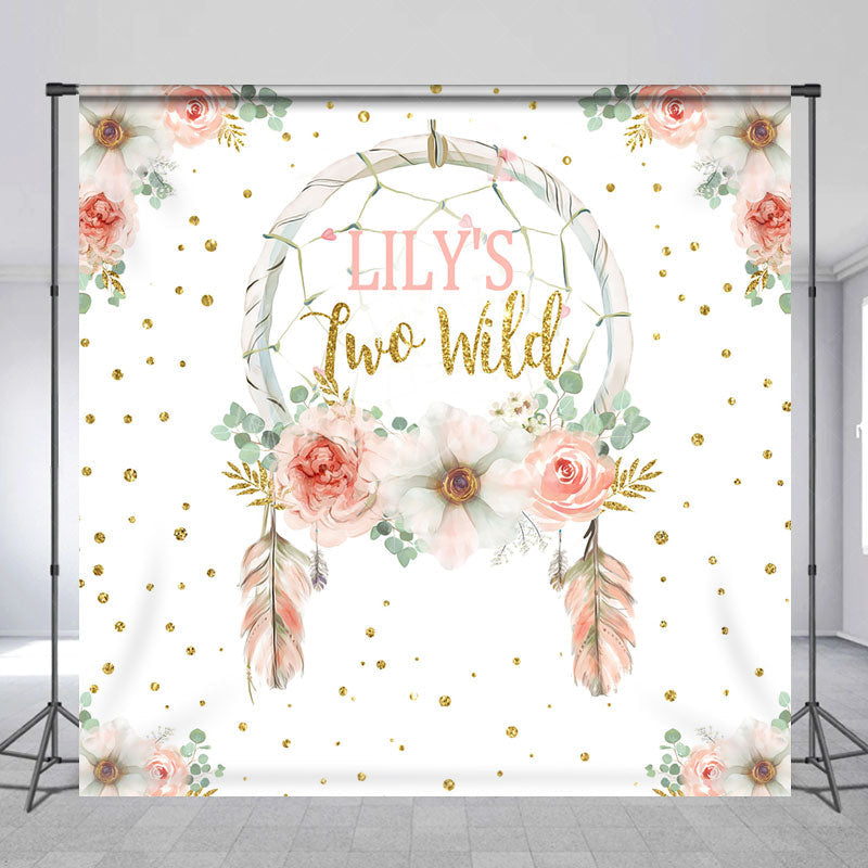 Lofaris Personalized Two Wild 2nd Birthday Backdrop Boho Floral Dreamcatcher Theme Custom Name Party Decor for Girl
