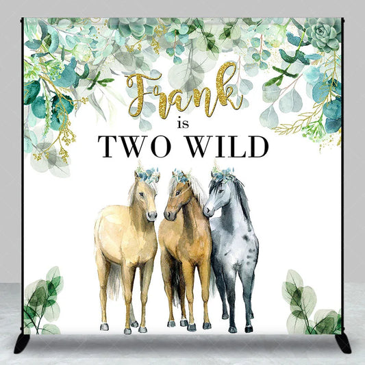 Lofaris Personalized Two Wild Birthday Backdrop with Horses Eucalyptus Greenery Custom Name Boho 2nd Party Decor