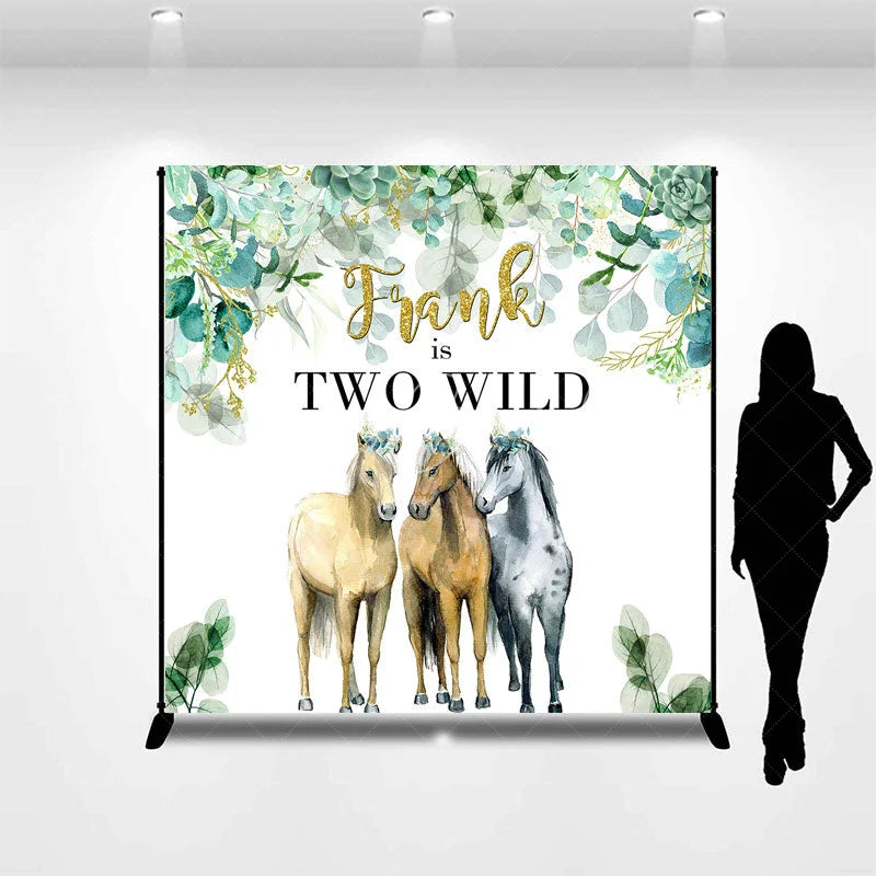 Lofaris Personalized Two Wild Birthday Backdrop with Horses Eucalyptus Greenery Custom Name Boho 2nd Party Decor