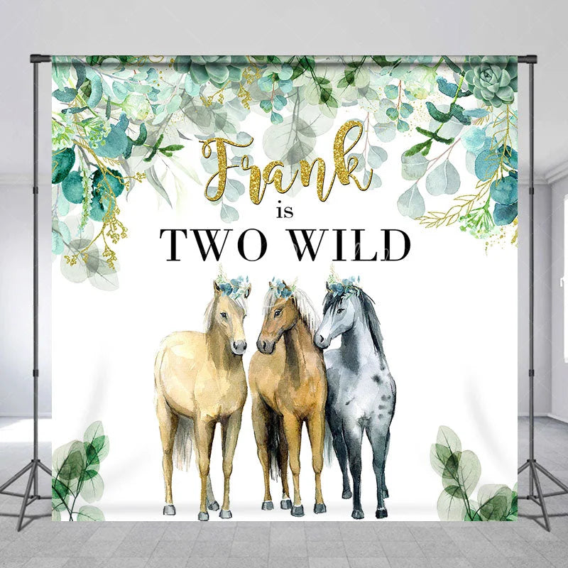 Lofaris Personalized Two Wild Birthday Backdrop with Horses Eucalyptus Greenery Custom Name Boho 2nd Party Decor