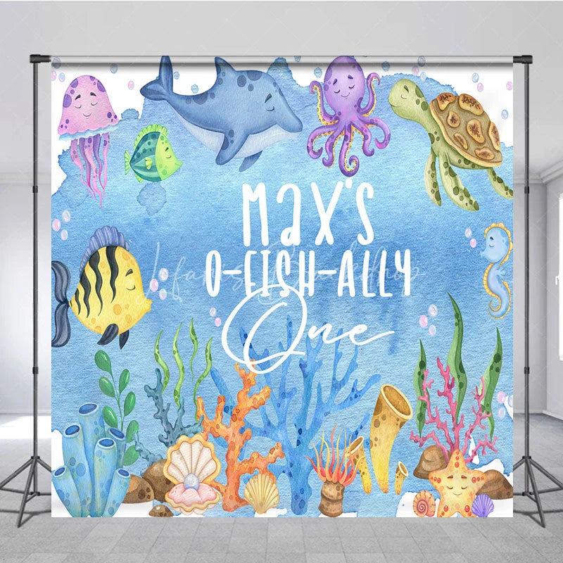 Lofaris Personalized Under the Sea 1st Birthday Backdrop Watercolor Ocean Animals Background O-FISH-ALLY ONE Decor