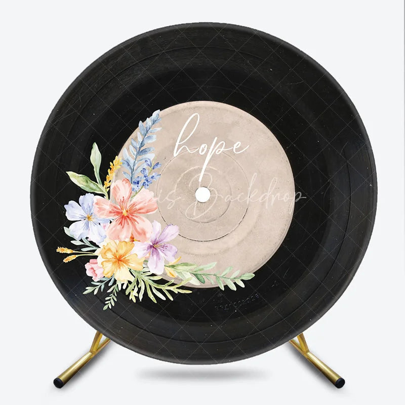 Lofaris Personalized Vinyl Record Round Backdrop Boho Floral Music Theme Groovy Retro Wedding Photo Booth Prop