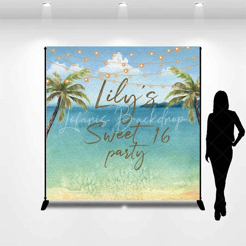 Lofaris Personalized Watercolor Tropical Beach Custom Backdrop Sweet 16 Party with Palm Trees and String Lights
