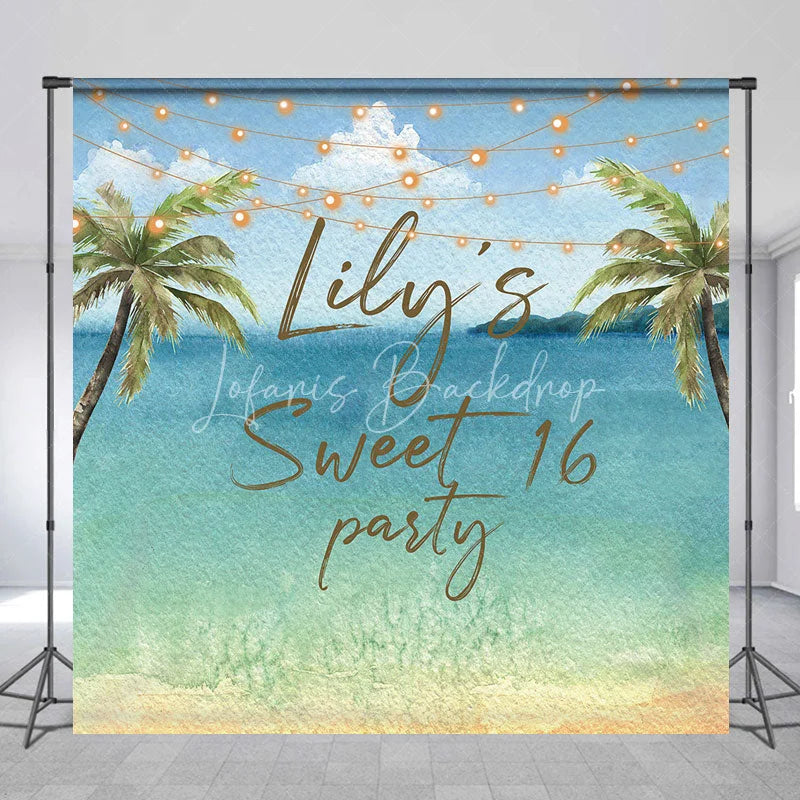Lofaris Personalized Watercolor Tropical Beach Custom Backdrop Sweet 16 Party with Palm Trees and String Lights