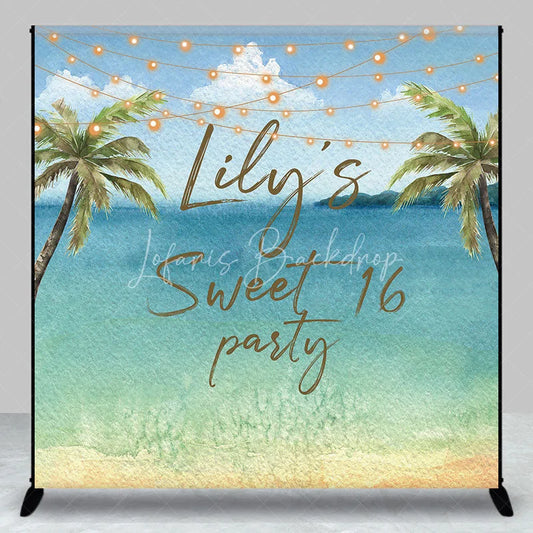 Lofaris Personalized Watercolor Tropical Beach Custom Backdrop Sweet 16 Party with Palm Trees and String Lights
