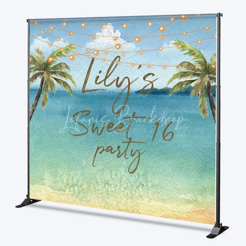 Lofaris Personalized Watercolor Tropical Beach Custom Backdrop Sweet 16 Party with Palm Trees and String Lights