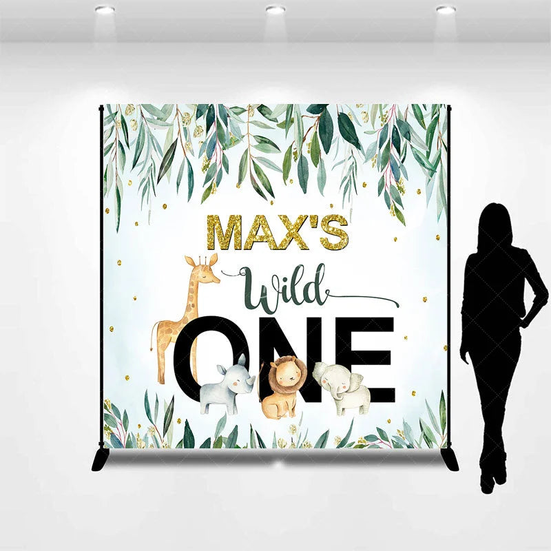 Lofaris Personalized Wild One Custom Birthday Backdrop Watercolor Jungle Animals and Green Leaves 1st Decor