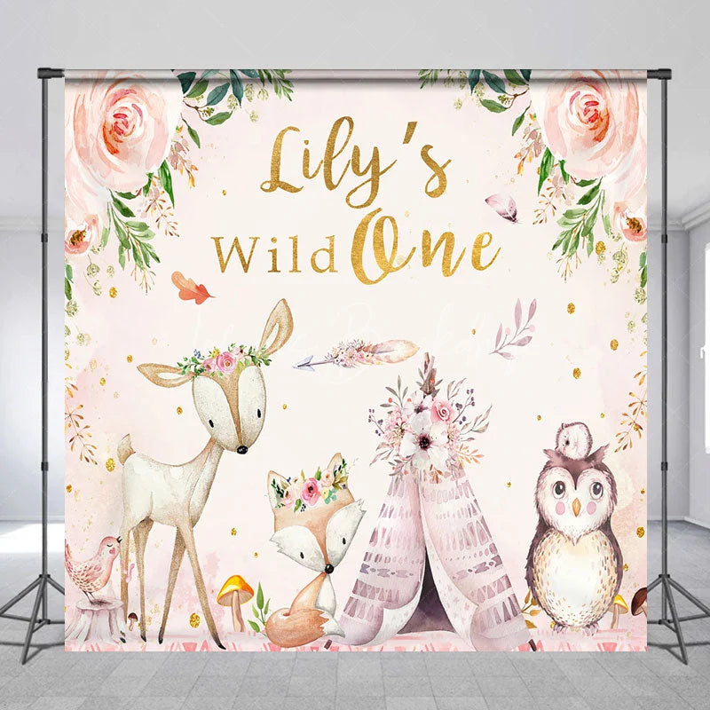 Lofaris Personalized Wild One First Birthday Backdrop Boho Woodland Animals with Fox and Deer Custom Name Party for Girl
