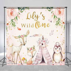 Lofaris Personalized Wild One First Birthday Backdrop Boho Woodland Animals with Fox and Deer Custom Name Party for Girl