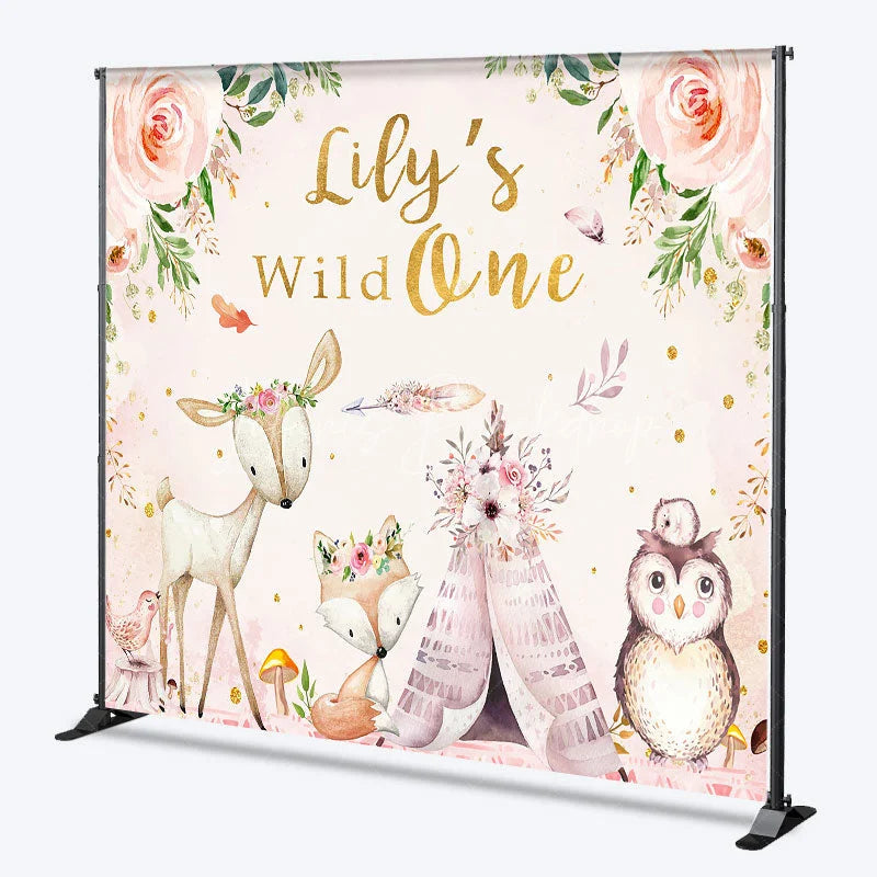 Lofaris Personalized Wild One First Birthday Backdrop Boho Woodland Animals with Fox and Deer Custom Name Party for Girl