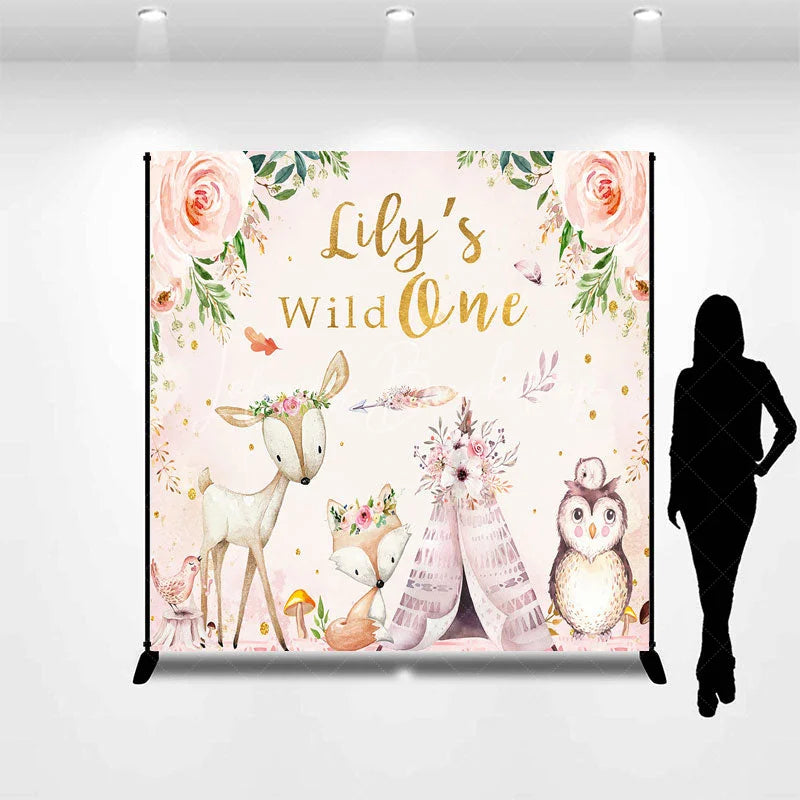 Lofaris Personalized Wild One First Birthday Backdrop Boho Woodland Animals with Fox and Deer Custom Name Party for Girl