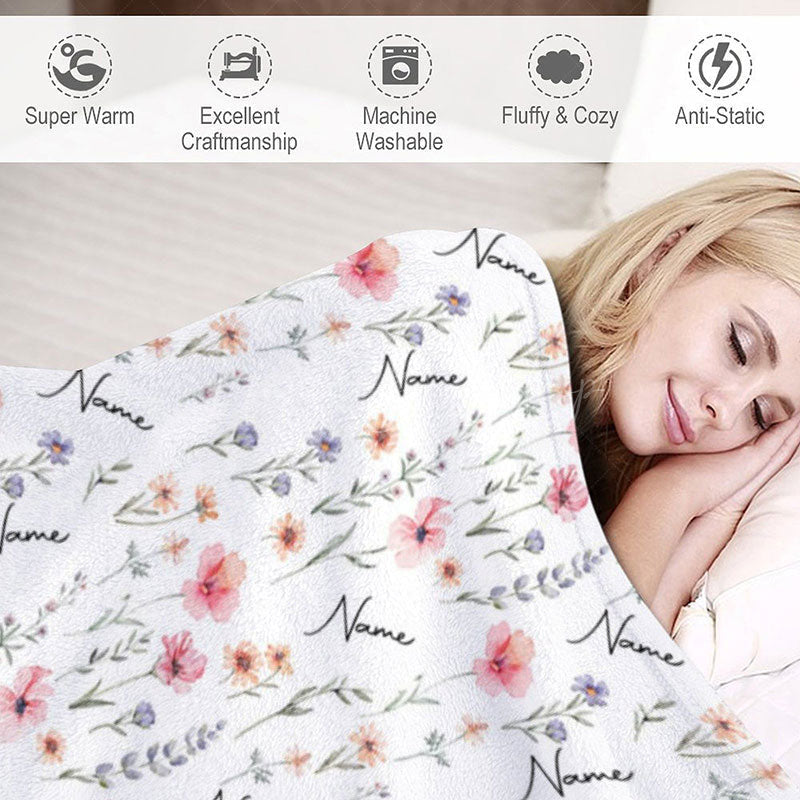 Lofaris Personalized Wildflower Floral Blanket with Custom Name Botanical Meadow for Baby Girl Nursery Decor Gift