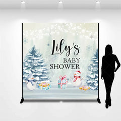 Lofaris Personalized Winter Baby Shower Backdrop It’s Cold Outside Snowman Snowy Pine Trees Decor