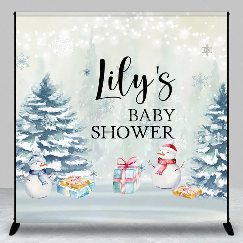 Lofaris Personalized Winter Baby Shower Backdrop It’s Cold Outside Snowman Snowy Pine Trees Decor