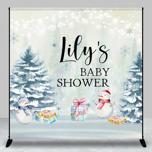 Lofaris Personalized Winter Baby Shower Backdrop It’s Cold Outside Snowman Snowy Pine Trees Decor